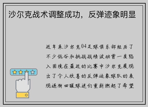 沙尔克战术调整成功，反弹迹象明显