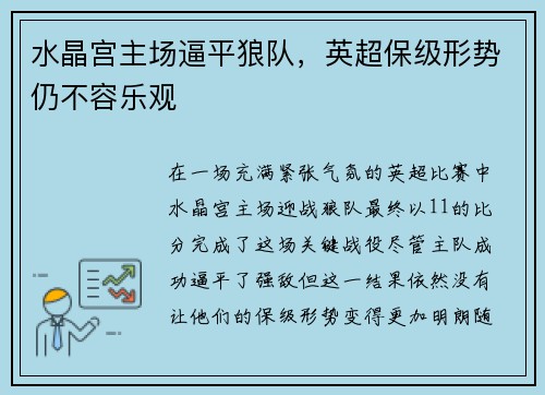 水晶宫主场逼平狼队，英超保级形势仍不容乐观