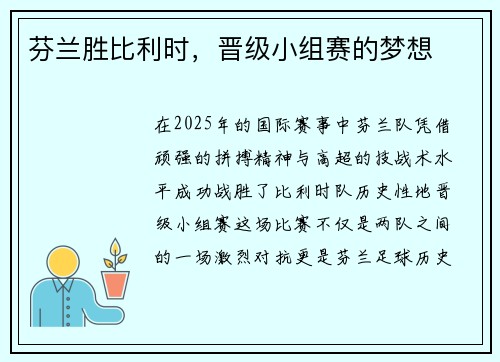 芬兰胜比利时，晋级小组赛的梦想